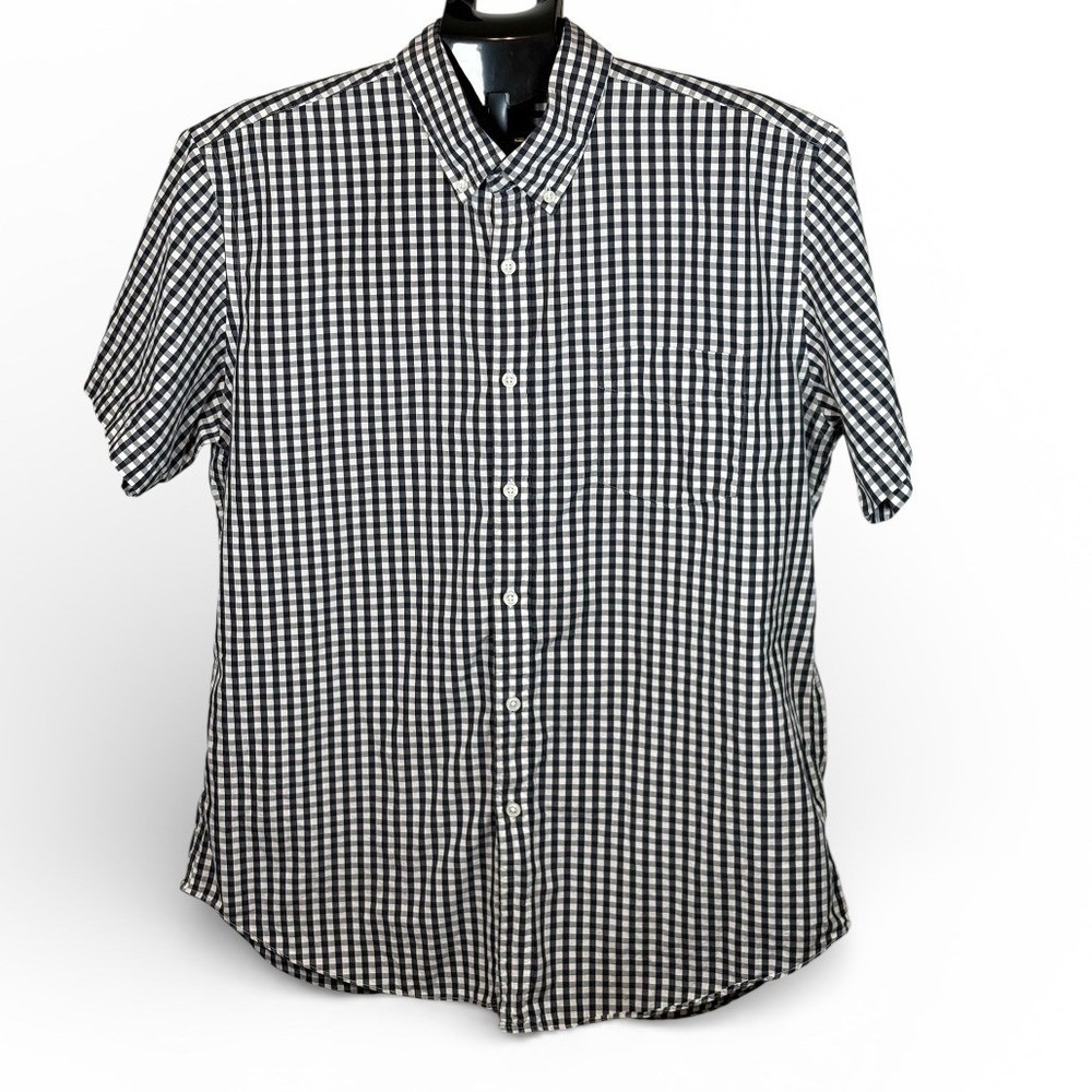 J Crew Mens Navy Gingham Check Short Sleeve Button Down Shirt XL 17 17.5 Cotton